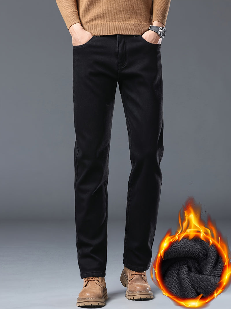 Men's Winter Straight Leg Jeans - Slim-Fit Stretch Denim Pants with Dark Wash ( Washable), Machine Washable Cold-Weather Casual Wear, Elastic Fit for Daily Use & Smart-Casual Outfits