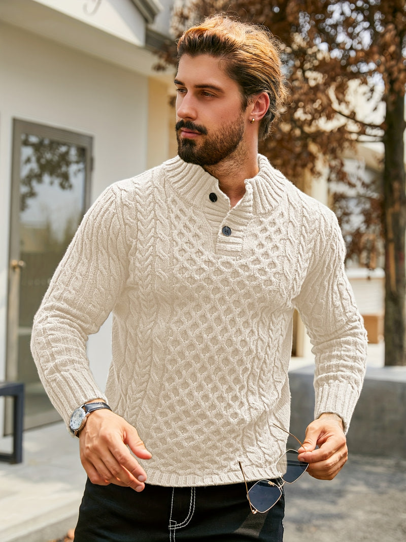 Men's Thermal Stand Collar Cable Knit Sweater - Striped H-Shape Regular Fit Pullover, Machine Washable Winter Sweater with Ribbed Detailing for Autumn & Winter, Knit Sweater, Medium Elasticity Fabric