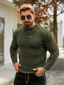 Men's Thermal Stand Collar Cable Knit Sweater - Striped H-Shape Regular Fit Pullover, Machine Washable Winter Sweater with Ribbed Detailing for Autumn & Winter, Knit Sweater, Medium Elasticity Fabric