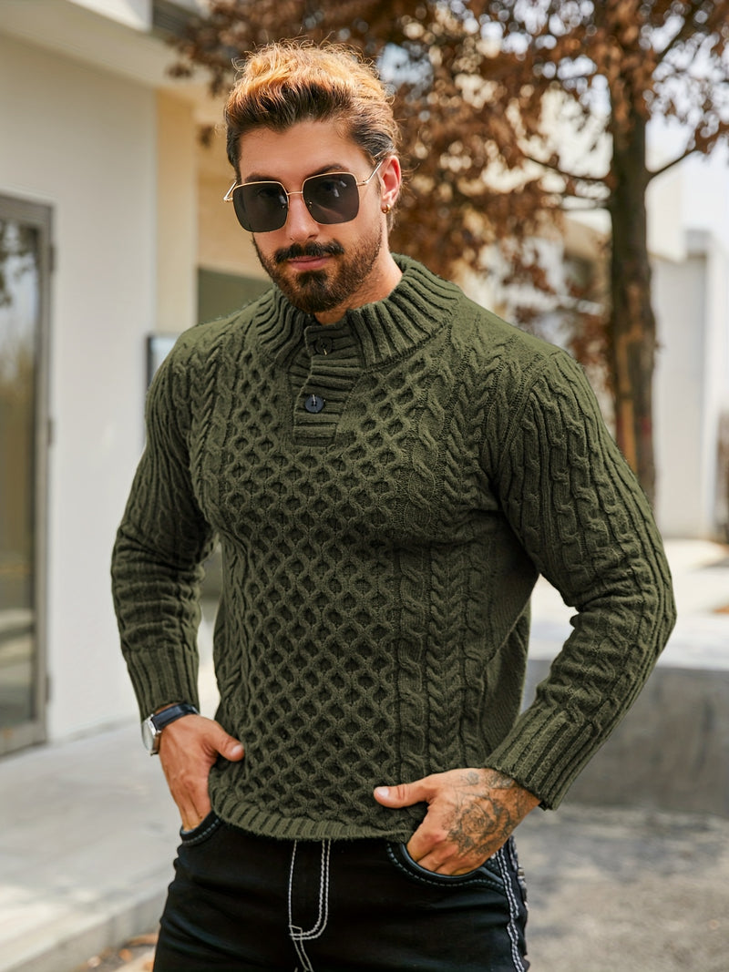 Men's Thermal Stand Collar Cable Knit Sweater - Striped H-Shape Regular Fit Pullover, Machine Washable Winter Sweater with Ribbed Detailing for Autumn & Winter, Knit Sweater, Medium Elasticity Fabric