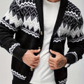 Men's Casual Geometric Pattern Cardigan Sweater - Navy Blue with White and Black Accents, Button-Up Collar, Machine Washable, Polyester for Fall/Winter