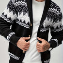 Men's Casual Geometric Pattern Cardigan Sweater - Navy Blue with White and Black Accents, Button-Up Collar, Machine Washable, Polyester for Fall/Winter