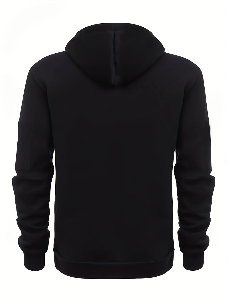 Men's Autumn Winter Zip-Up Hoodie - Black Outdoor Casual Pullover with Front Zipper, Ribbed Cuffs & Hem, Machine Washable Regular Fit Sweatshirt, Autumn Winter Apparel | Minimalist Hoodie | Functional Pockets, Sweater Hoodie
