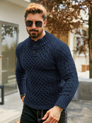 Men's Thermal Stand Collar Cable Knit Sweater - Striped H-Shape Regular Fit Pullover, Machine Washable Winter Sweater with Ribbed Detailing for Autumn & Winter, Knit Sweater, Medium Elasticity Fabric