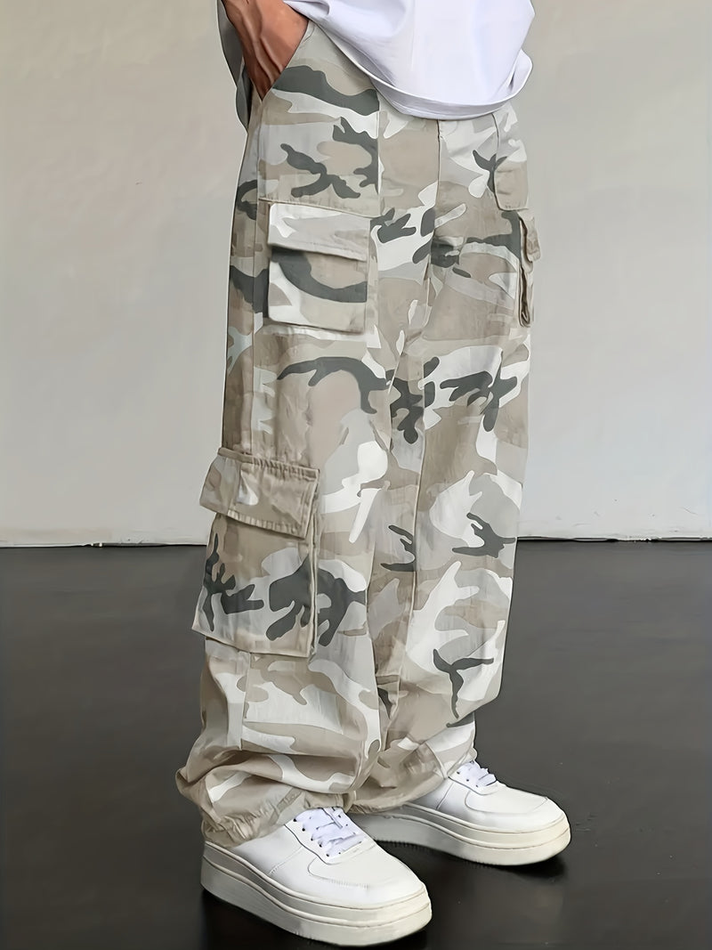 Men's Camouflage Cargo Pants Wide-Leg Trousers with Multi-Pocket Design, Adjustable Waist & Leg Fit, Beige/Green/Brown Camo Print for,, Hunting, (Non-Stretch Durable Casual Pants)