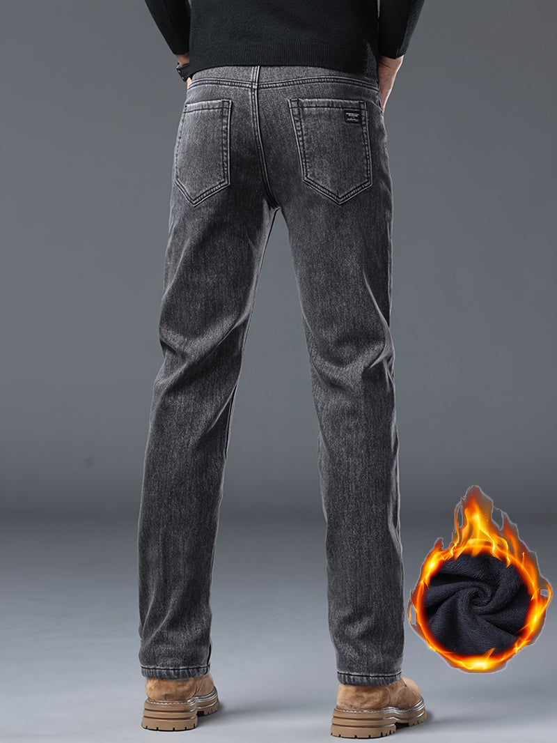 Men's Winter Straight Leg Jeans - Slim-Fit Stretch Denim Pants with Dark Wash ( Washable), Machine Washable Cold-Weather Casual Wear, Elastic Fit for Daily Use & Smart-Casual Outfits