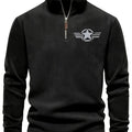 Men's Vintage Embroidered Fleece Half-Zip Stand Collar Sweatshirt - Warm Winter Pullover with Star and Wings Design, Long Sleeves, Machine Washable, Cozy Casualwear | Embroidered Collar | Halfzip Sweatshirt