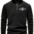 Men's Vintage Embroidered Fleece Half-Zip Stand Collar Sweatshirt - Warm Winter Pullover with Star and Wings Design, Long Sleeves, Machine Washable, Cozy Casualwear | Embroidered Collar | Halfzip Sweatshirt