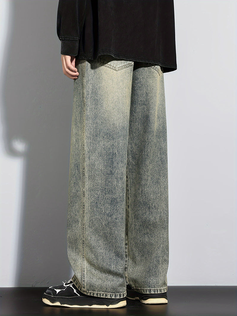 Men's Heavy-Washed Non-Stretch Jeans - Loose Fit Straight-Leg Non-Restrictive Pants, Machine Washable Everyday Jeans for Teens & Adults (Casual Outfits, Parties, All-Season Wear) - YG1133, Party Casual Wear, Distressed Denim