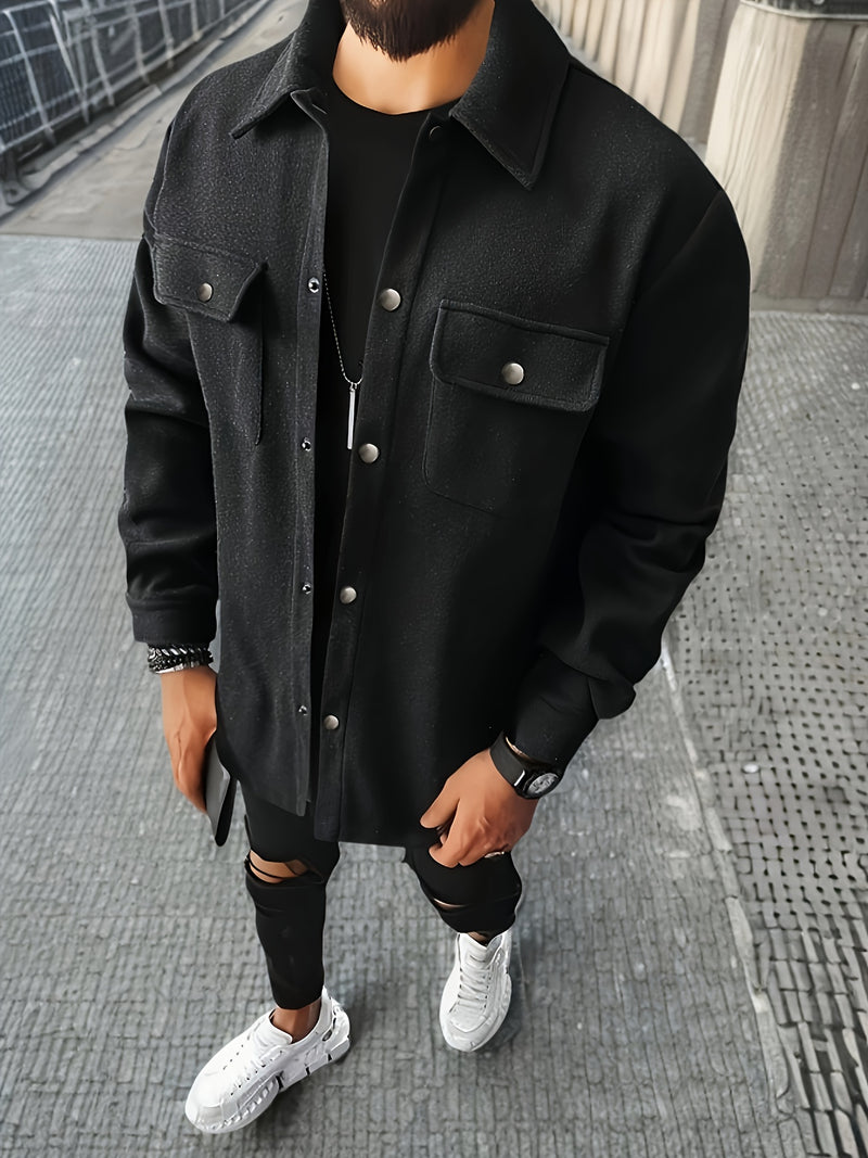 Men's Casual Button-Up Jacket - Long Sleeve, White, Polyester, Flap Pockets, Machine Washable, Spring/Fall Outerwear