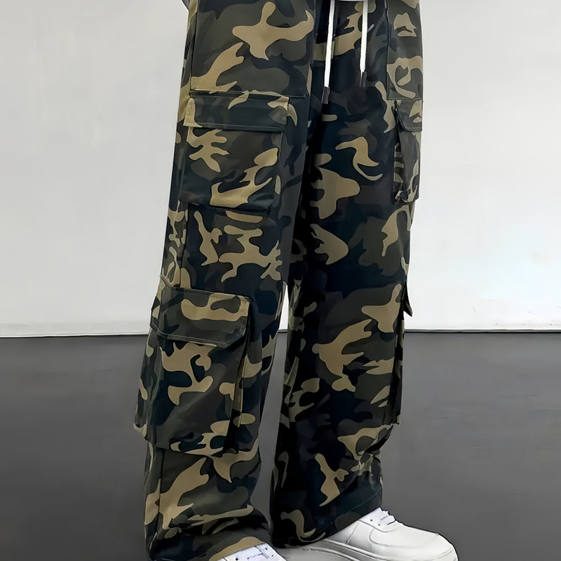 Men's Camouflage Cargo Pants Wide-Leg Trousers with Multi-Pocket Design, Adjustable Waist & Leg Fit, Beige/Green/Brown Camo Print for,, Hunting, (Non-Stretch Durable Casual Pants)