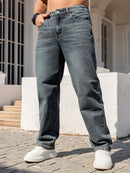 Men'S Dark Distressed Washed Straight-Leg Faux Denim - Non-Stretch Casual Regular Fit All-Season Comfort, Classic Five-Pocket Design with Belt Loops & Button