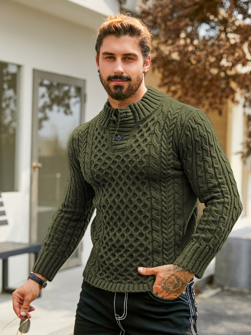 Men's Thermal Stand Collar Cable Knit Sweater - Striped H-Shape Regular Fit Pullover, Machine Washable Winter Sweater with Ribbed Detailing for Autumn & Winter, Knit Sweater, Medium Elasticity Fabric