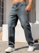 Men'S Dark Distressed Washed Straight-Leg Faux Denim - Non-Stretch Casual Regular Fit All-Season Comfort, Classic Five-Pocket Design with Belt Loops & Button