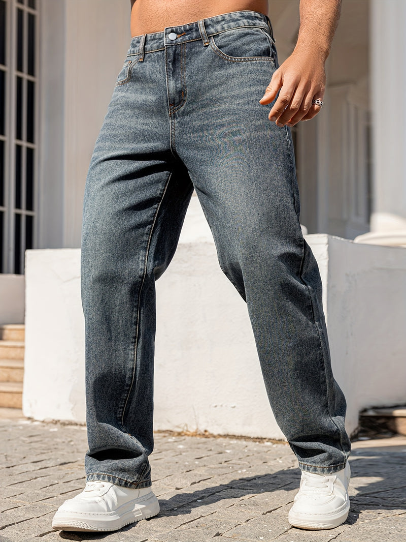 Men'S Dark Distressed Washed Straight-Leg Faux Denim - Non-Stretch Casual Regular Fit All-Season Comfort, Classic Five-Pocket Design with Belt Loops & Button