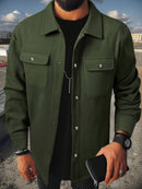 Men's Casual Button-Up Jacket - Long Sleeve, White, Polyester, Flap Pockets, Machine Washable, Spring/Fall Outerwear