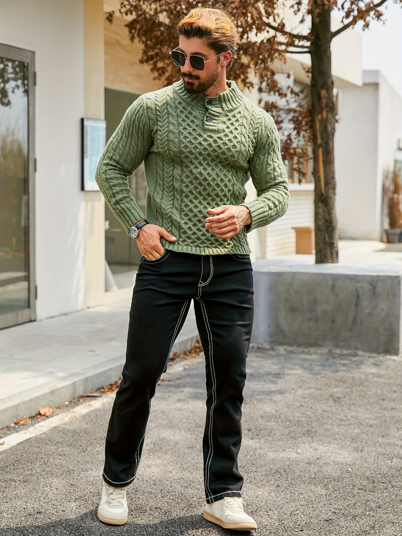 Men's Thermal Stand Collar Cable Knit Sweater - Striped H-Shape Regular Fit Pullover, Machine Washable Winter Sweater with Ribbed Detailing for Autumn & Winter, Knit Sweater, Medium Elasticity Fabric