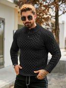 Men's Thermal Stand Collar Cable Knit Sweater - Striped H-Shape Regular Fit Pullover, Machine Washable Winter Sweater with Ribbed Detailing for Autumn & Winter, Knit Sweater, Medium Elasticity Fabric