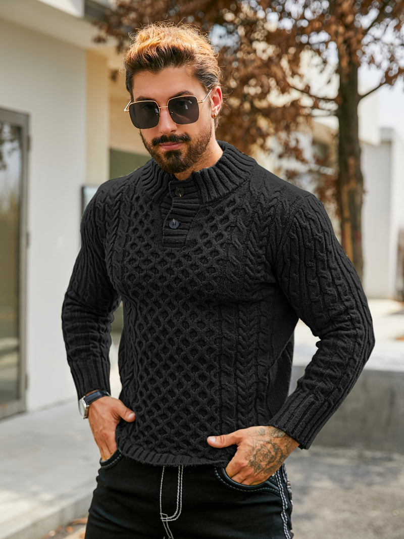 Men's Thermal Stand Collar Cable Knit Sweater - Striped H-Shape Regular Fit Pullover, Machine Washable Winter Sweater with Ribbed Detailing for Autumn & Winter, Knit Sweater, Medium Elasticity Fabric