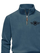 Men's Vintage Embroidered Fleece Half-Zip Stand Collar Sweatshirt - Warm Winter Pullover with Star and Wings Design, Long Sleeves, Machine Washable, Cozy Casualwear | Embroidered Collar | Halfzip Sweatshirt