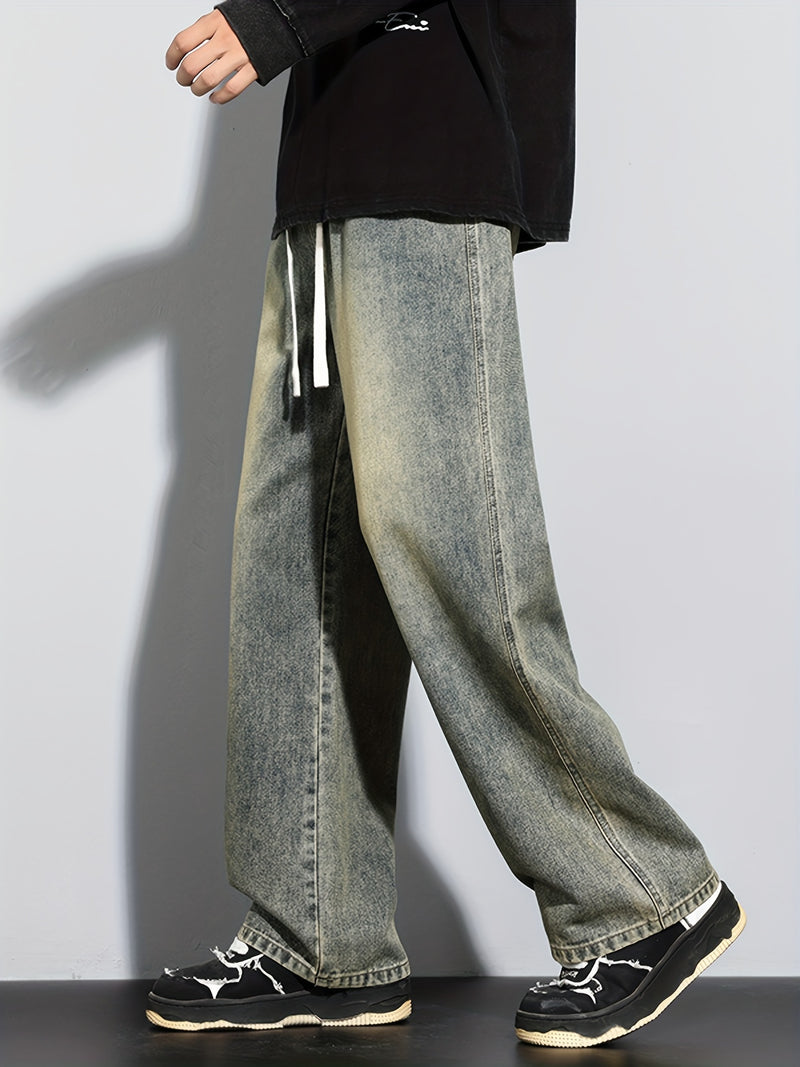 Men's Heavy-Washed Non-Stretch Jeans - Loose Fit Straight-Leg Non-Restrictive Pants, Machine Washable Everyday Jeans for Teens & Adults (Casual Outfits, Parties, All-Season Wear) - YG1133, Party Casual Wear, Distressed Denim