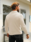 Men's Thermal Stand Collar Cable Knit Sweater - Striped H-Shape Regular Fit Pullover, Machine Washable Winter Sweater with Ribbed Detailing for Autumn & Winter, Knit Sweater, Medium Elasticity Fabric