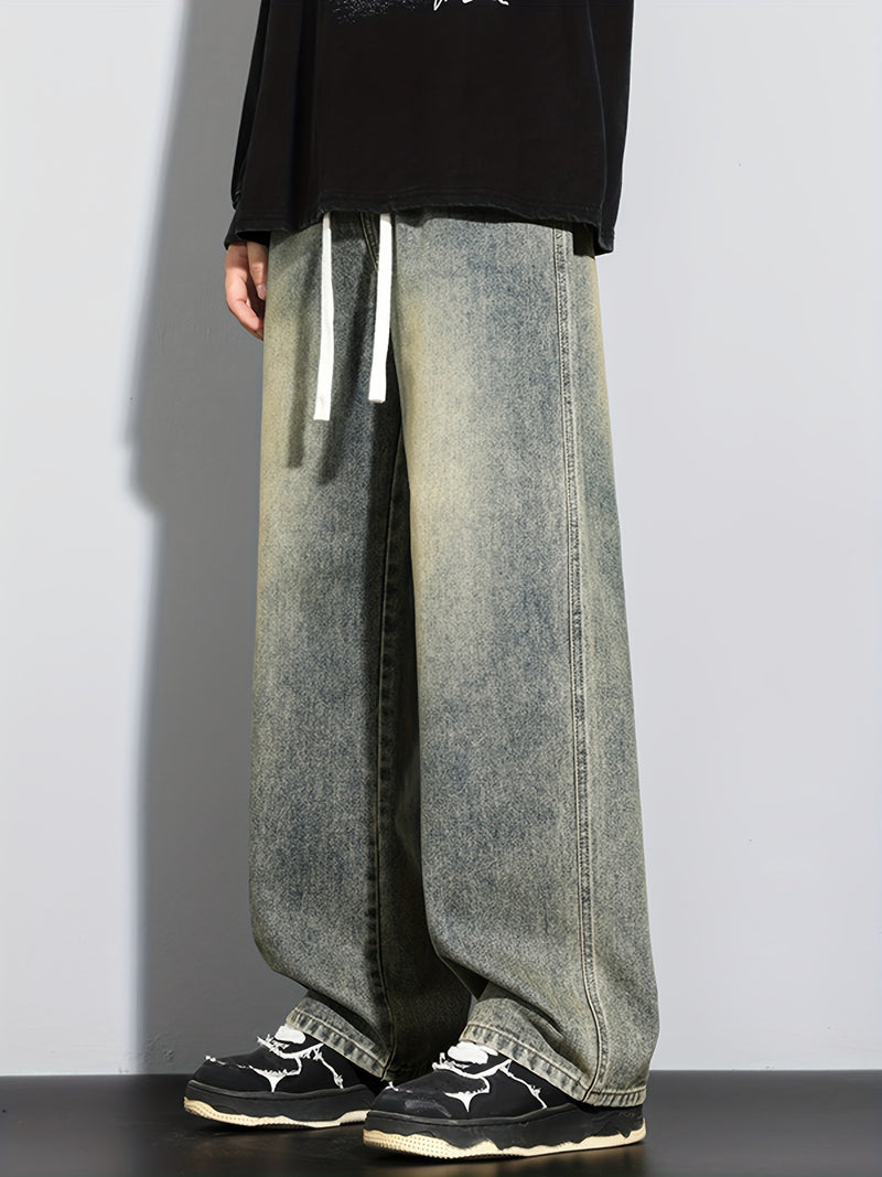 Men's Heavy-Washed Non-Stretch Jeans - Loose Fit Straight-Leg Non-Restrictive Pants, Machine Washable Everyday Jeans for Teens & Adults (Casual Outfits, Parties, All-Season Wear) - YG1133, Party Casual Wear, Distressed Denim