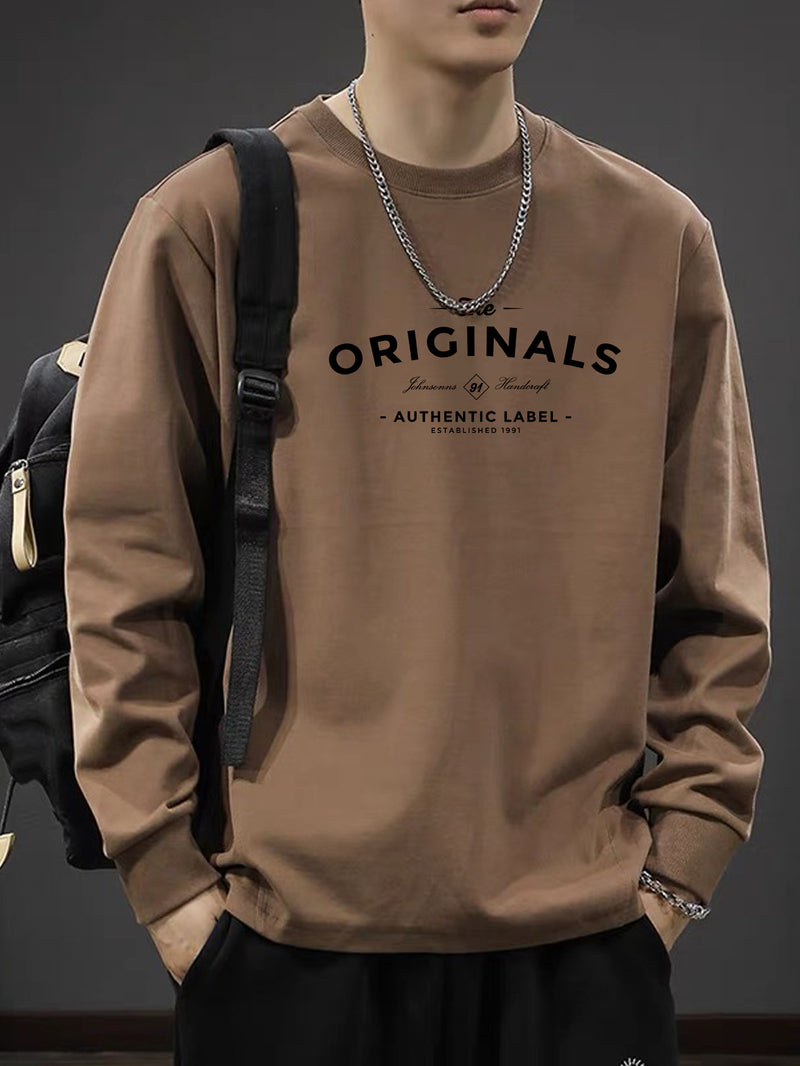 Iron Genghis & Forward Bull Men's Casual Long Sleeve T-Shirt - Relaxed Fit Round Neck, "Originals" Letter Print, Machine Washable,, Plus Size Available