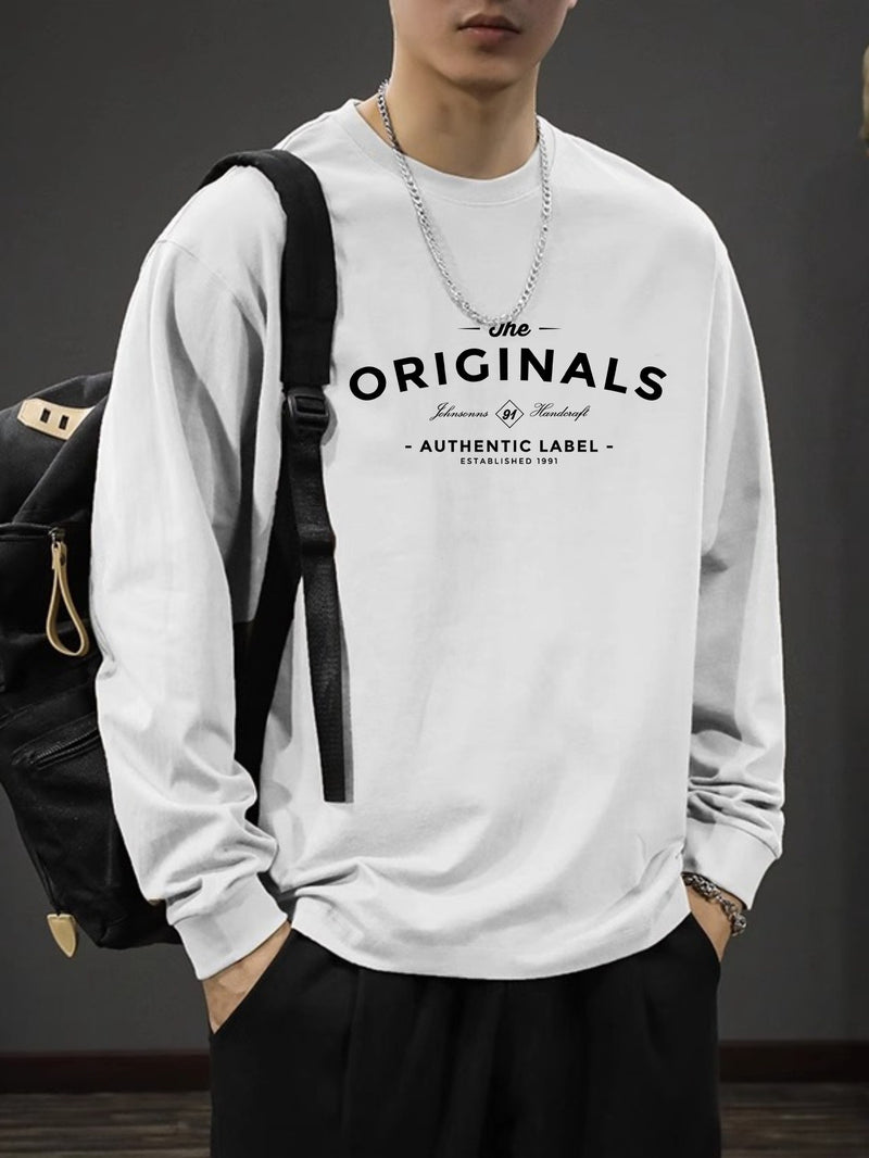 Iron Genghis & Forward Bull Men's Casual Long Sleeve T-Shirt - Relaxed Fit Round Neck, "Originals" Letter Print, Machine Washable,, Plus Size Available