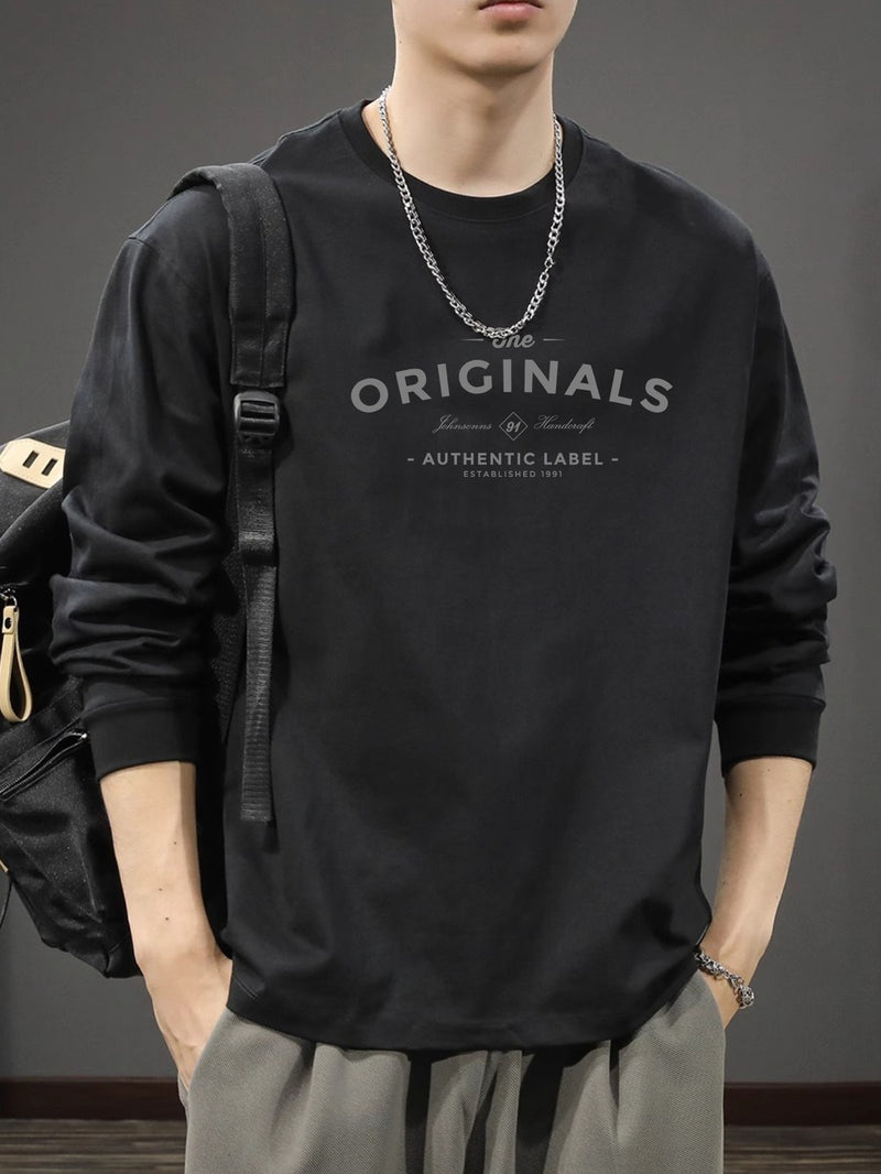 Iron Genghis & Forward Bull Men's Casual Long Sleeve T-Shirt - Relaxed Fit Round Neck, "Originals" Letter Print, Machine Washable,, Plus Size Available