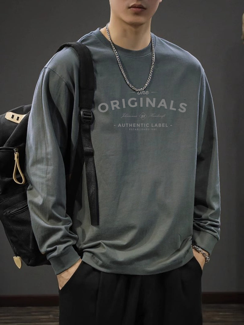 Iron Genghis & Forward Bull Men's Casual Long Sleeve T-Shirt - Relaxed Fit Round Neck, "Originals" Letter Print, Machine Washable,, Plus Size Available