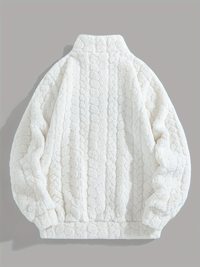 1pc Solid Color Plush Stand Collar Zipper Sweater - Soft Warm Breathable Loose Fit Long Sleeve Casual Sweatshirt with Embroidery, Hand Washable for Casual Attire & Layering, Cozy Winter Outfits