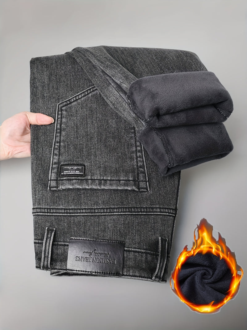 Men's Winter Straight Leg Jeans - Slim-Fit Stretch Denim Pants with Dark Wash ( Washable), Machine Washable Cold-Weather Casual Wear, Elastic Fit for Daily Use & Smart-Casual Outfits