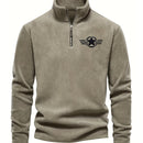 Men's Vintage Embroidered Fleece Half-Zip Stand Collar Sweatshirt - Warm Winter Pullover with Star and Wings Design, Long Sleeves, Machine Washable, Cozy Casualwear | Embroidered Collar | Halfzip Sweatshirt
