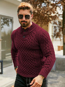 Men's Thermal Stand Collar Cable Knit Sweater - Striped H-Shape Regular Fit Pullover, Machine Washable Winter Sweater with Ribbed Detailing for Autumn & Winter, Knit Sweater, Medium Elasticity Fabric