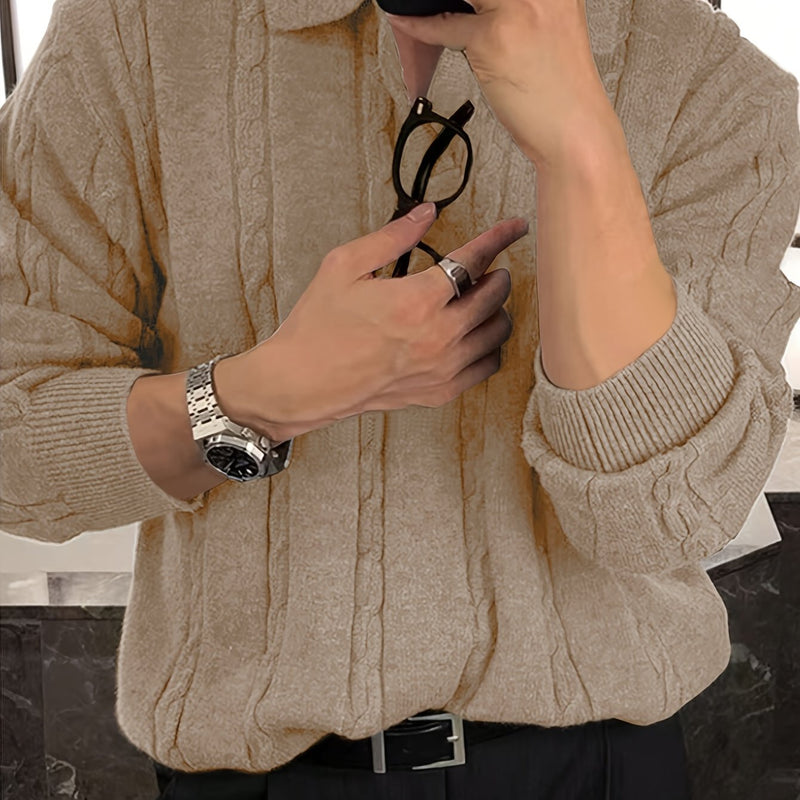 2024 New Men's Autumn Winter Casual Neck Sweater - Crocodile Pattern Knit Pullover, Mid-Stretch Fabric, Hand Washable, Regular Fit Long Sleeve for Office & Social Events