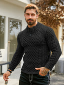 Men's Thermal Stand Collar Cable Knit Sweater - Striped H-Shape Regular Fit Pullover, Machine Washable Winter Sweater with Ribbed Detailing for Autumn & Winter, Knit Sweater, Medium Elasticity Fabric