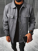 Men's Casual Button-Up Jacket - Long Sleeve, White, Polyester, Flap Pockets, Machine Washable, Spring/Fall Outerwear
