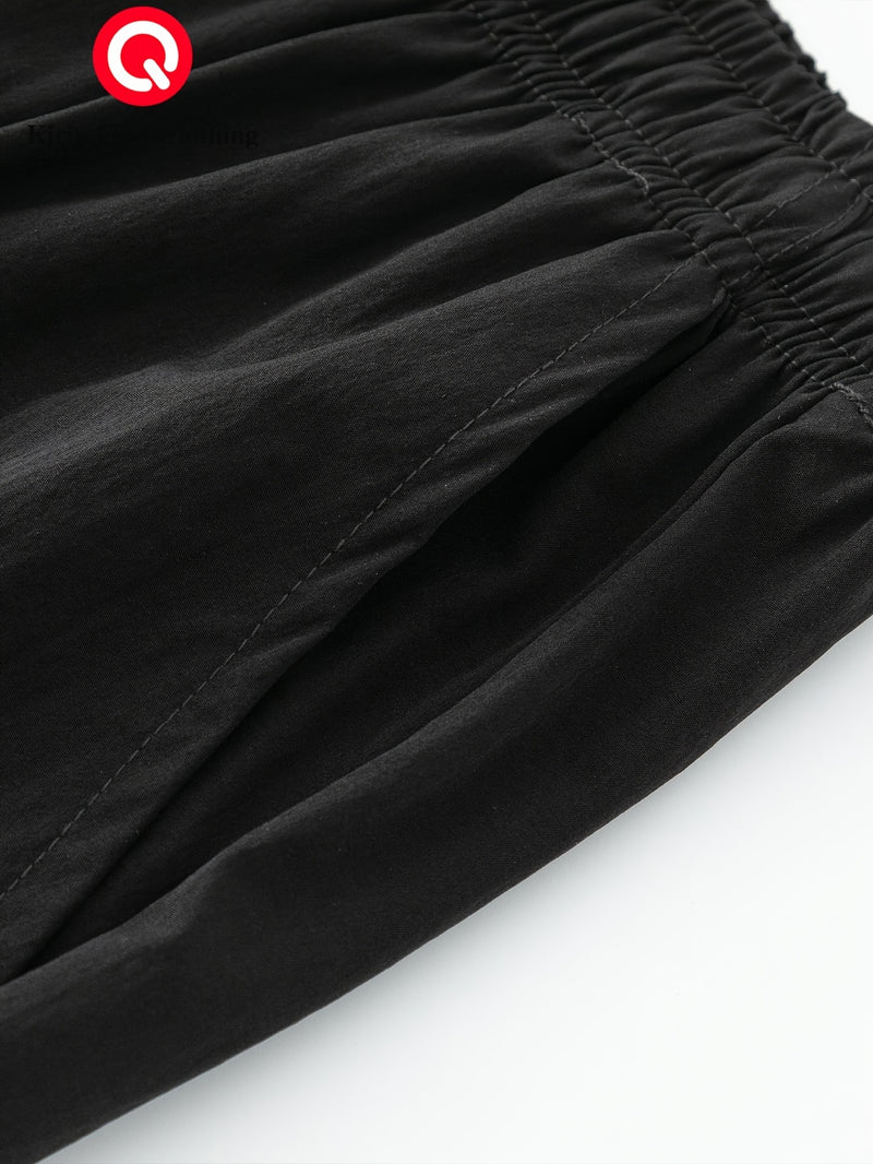 Men's Straight-Leg Casual Trousers - Dark Grey/Black Solid Color Elastic Waist with Drawstring, Belt-Free Design, All-Season Versatile Dress Pants for Office, Semi-Formal & Casual Attire - Mid-Rise Straight Fit (No Belt Inclu