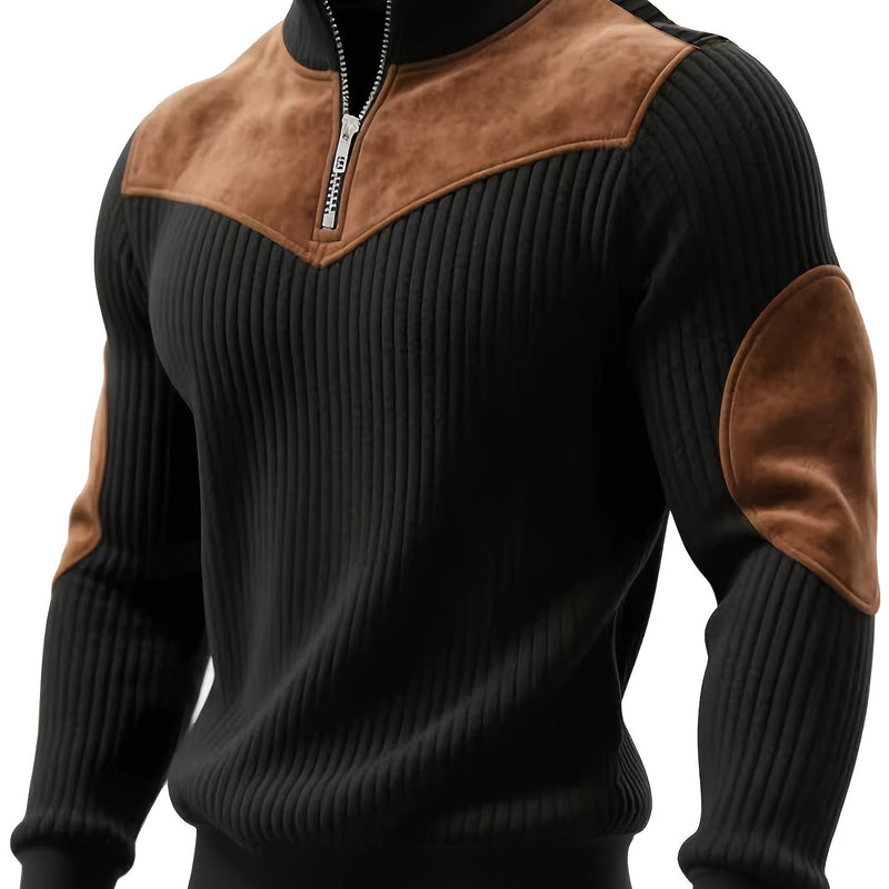 Christmas Men's Gift Men's Stand Collar Pullover Autumn Winter Warm Half-Zip Solid Color Patchwork Ribbed Retro Street Pullover Sweatshirt