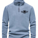Men's Vintage Embroidered Fleece Half-Zip Stand Collar Sweatshirt - Warm Winter Pullover with Star and Wings Design, Long Sleeves, Machine Washable, Cozy Casualwear | Embroidered Collar | Halfzip Sweatshirt