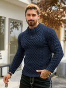Men's Thermal Stand Collar Cable Knit Sweater - Striped H-Shape Regular Fit Pullover, Machine Washable Winter Sweater with Ribbed Detailing for Autumn & Winter, Knit Sweater, Medium Elasticity Fabric
