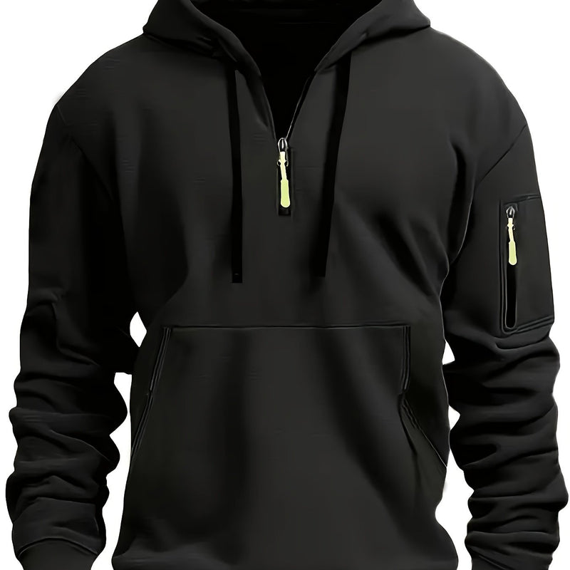Men's Autumn Winter Zip-Up Hoodie - Black Outdoor Casual Pullover with Front Zipper, Ribbed Cuffs & Hem, Machine Washable Regular Fit Sweatshirt, Autumn Winter Apparel | Minimalist Hoodie | Functional Pockets, Sweater Hoodie