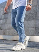 Men'S Dark Distressed Washed Straight-Leg Faux Denim - Non-Stretch Casual Regular Fit All-Season Comfort, Classic Five-Pocket Design with Belt Loops & Button