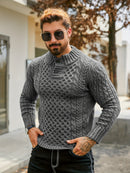 Men's Thermal Stand Collar Cable Knit Sweater - Striped H-Shape Regular Fit Pullover, Machine Washable Winter Sweater with Ribbed Detailing for Autumn & Winter, Knit Sweater, Medium Elasticity Fabric