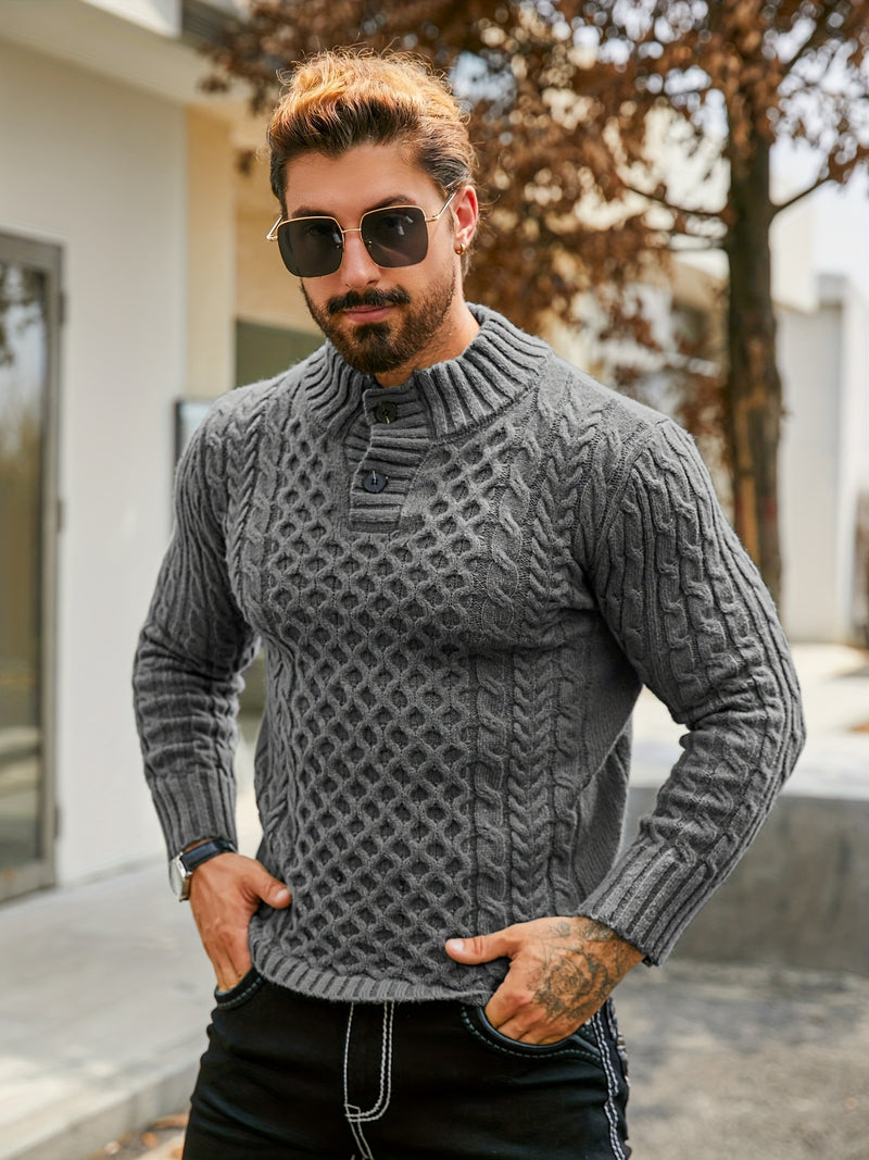 Men's Thermal Stand Collar Cable Knit Sweater - Striped H-Shape Regular Fit Pullover, Machine Washable Winter Sweater with Ribbed Detailing for Autumn & Winter, Knit Sweater, Medium Elasticity Fabric