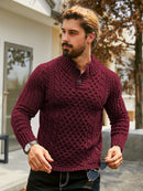 Men's Thermal Stand Collar Cable Knit Sweater - Striped H-Shape Regular Fit Pullover, Machine Washable Winter Sweater with Ribbed Detailing for Autumn & Winter, Knit Sweater, Medium Elasticity Fabric