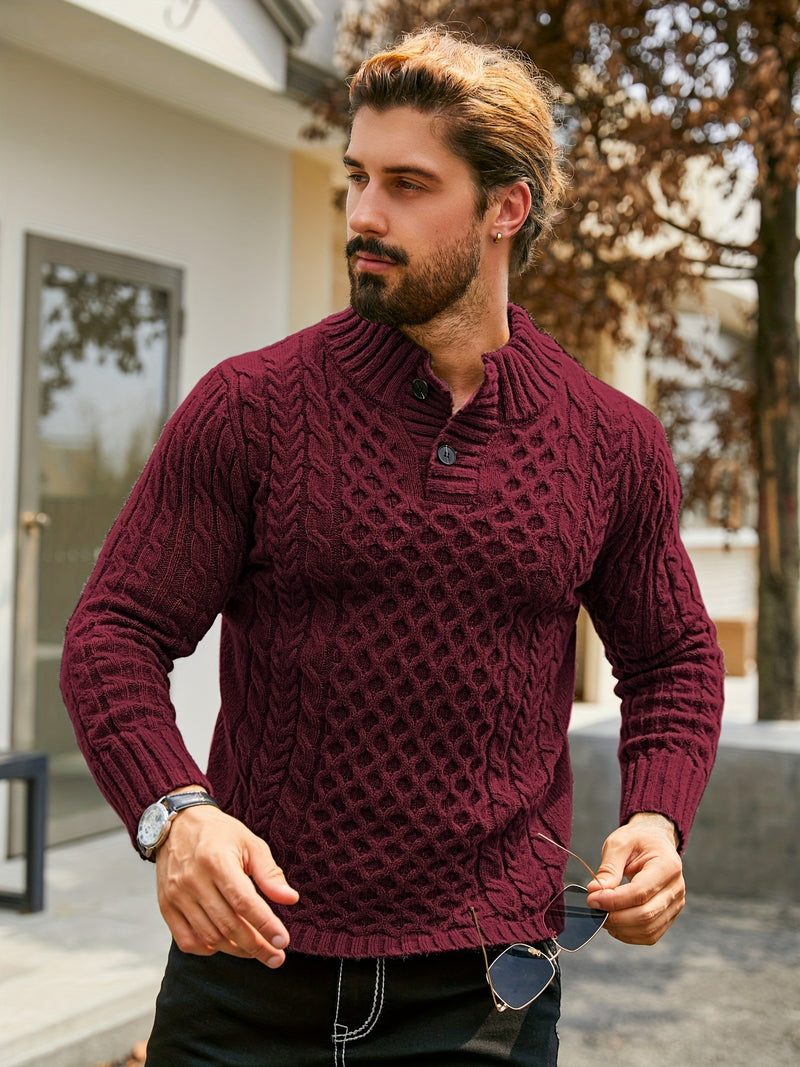 Men's Thermal Stand Collar Cable Knit Sweater - Striped H-Shape Regular Fit Pullover, Machine Washable Winter Sweater with Ribbed Detailing for Autumn & Winter, Knit Sweater, Medium Elasticity Fabric