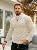 Men's Thermal Stand Collar Cable Knit Sweater - Striped H-Shape Regular Fit Pullover, Machine Washable Winter Sweater with Ribbed Detailing for Autumn & Winter, Knit Sweater, Medium Elasticity Fabric