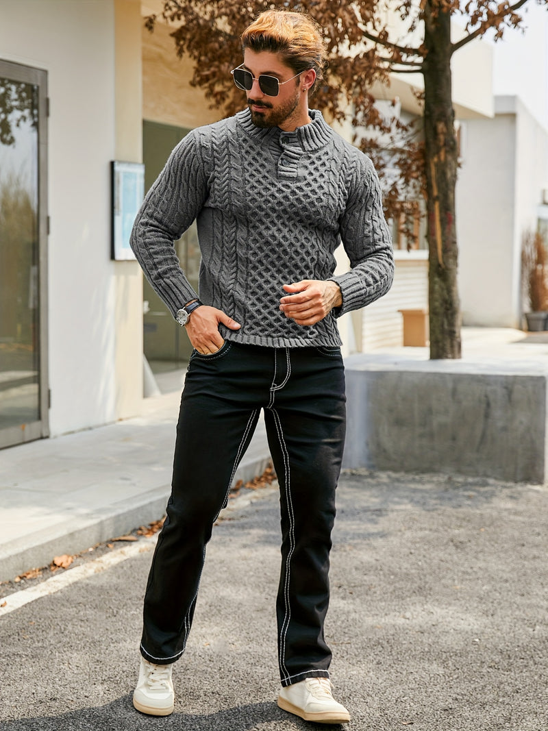 Men's Thermal Stand Collar Cable Knit Sweater - Striped H-Shape Regular Fit Pullover, Machine Washable Winter Sweater with Ribbed Detailing for Autumn & Winter, Knit Sweater, Medium Elasticity Fabric